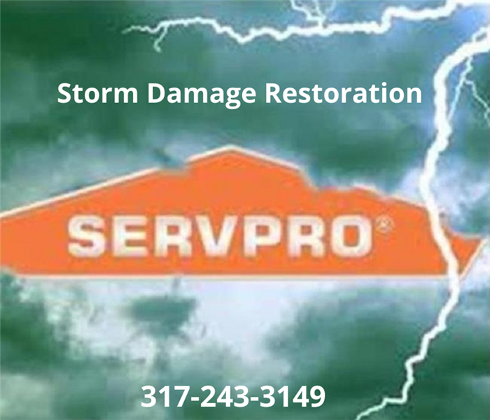 This picture shows a lightening bolt and reads, SERVPRO storms damage restoration with our phone number.